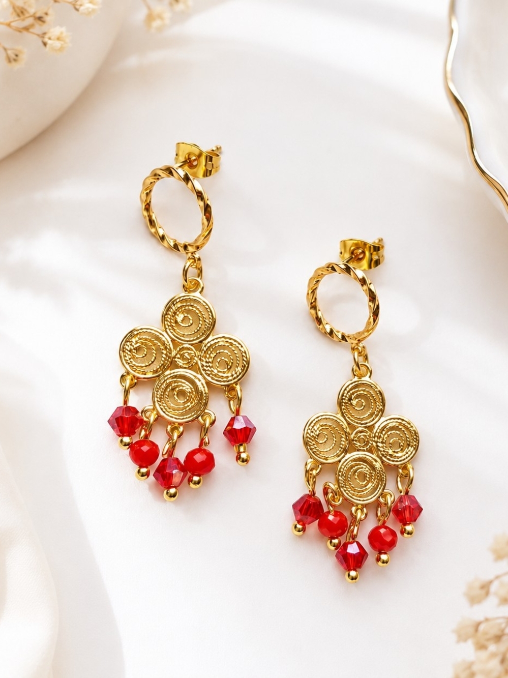 Gold-Tone Dangle Earrings with Red Bead Accents